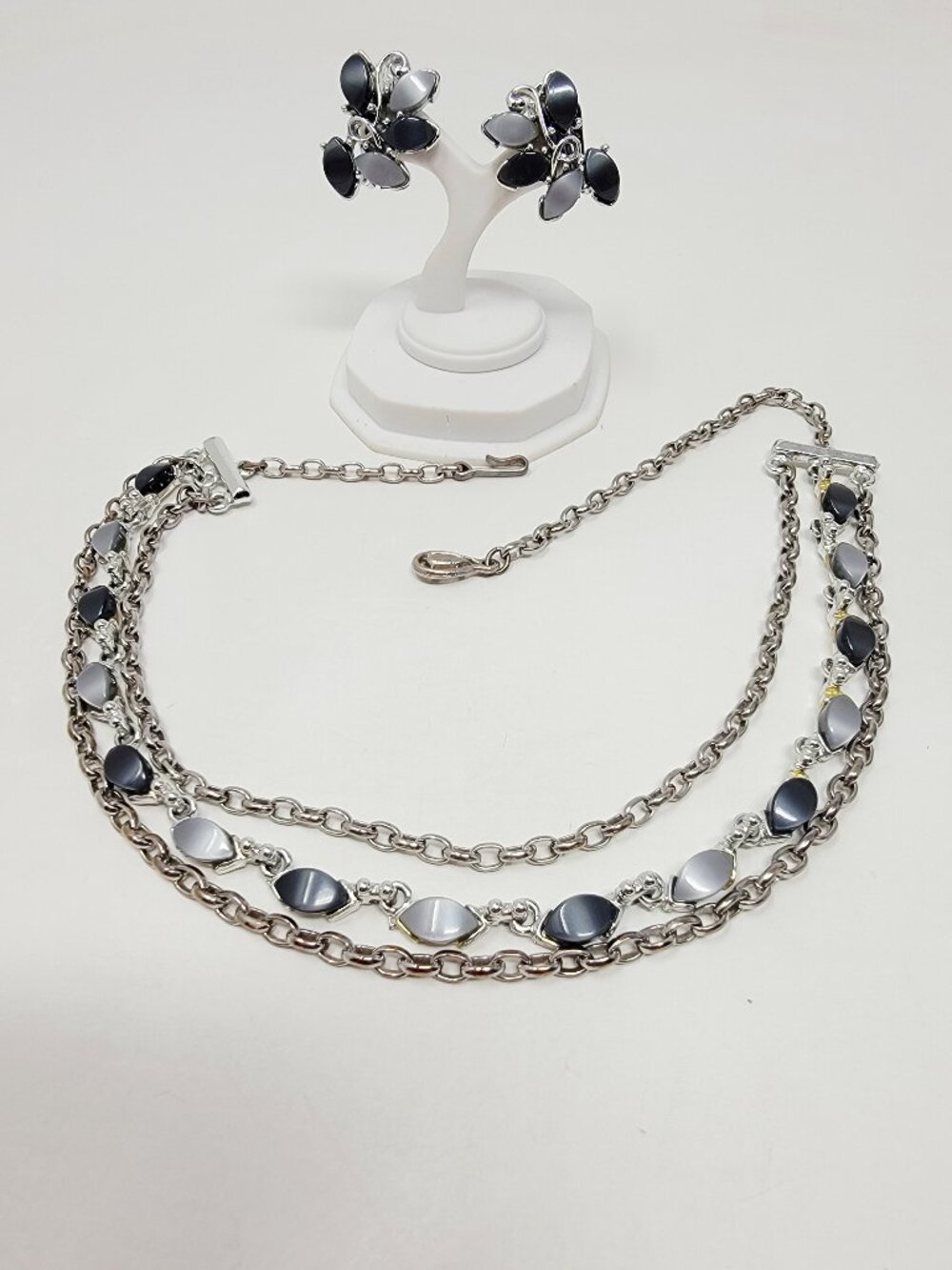 Vintage Black Grey Thermoset Layered Necklace & Clip Earrings Set
